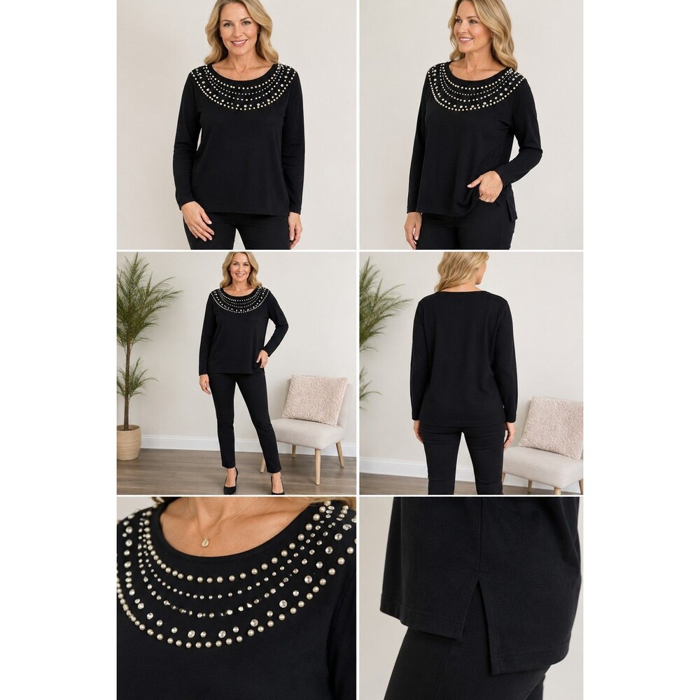 Quacker Factory Sequin And Beaded With Split Sides Sweater Medium Black